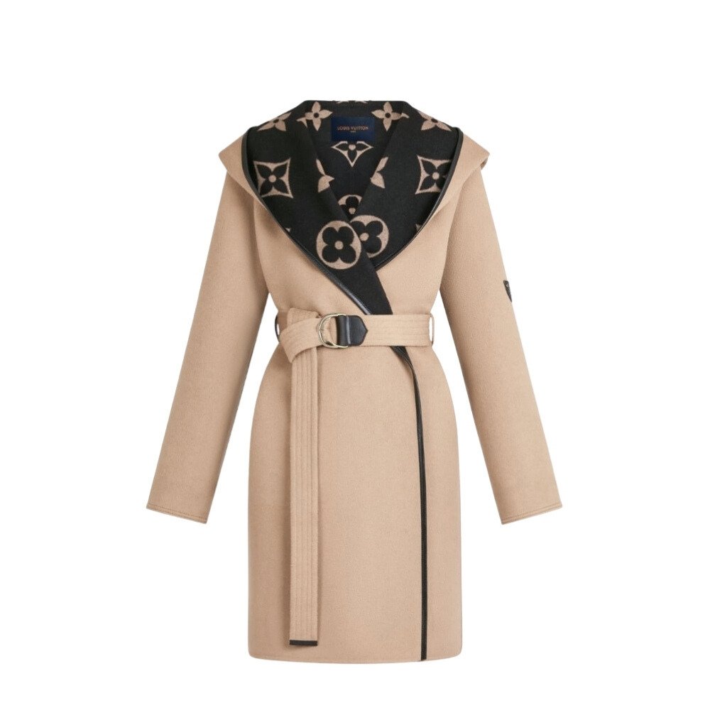 thumnail-4 Louis Vuitton Hooded Coat Double Faced Silk Wool Brown 1AAGAV - Image 1